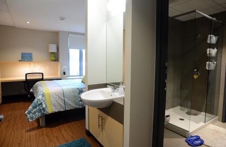 clare hall residence room with a private bathroom and queen bed